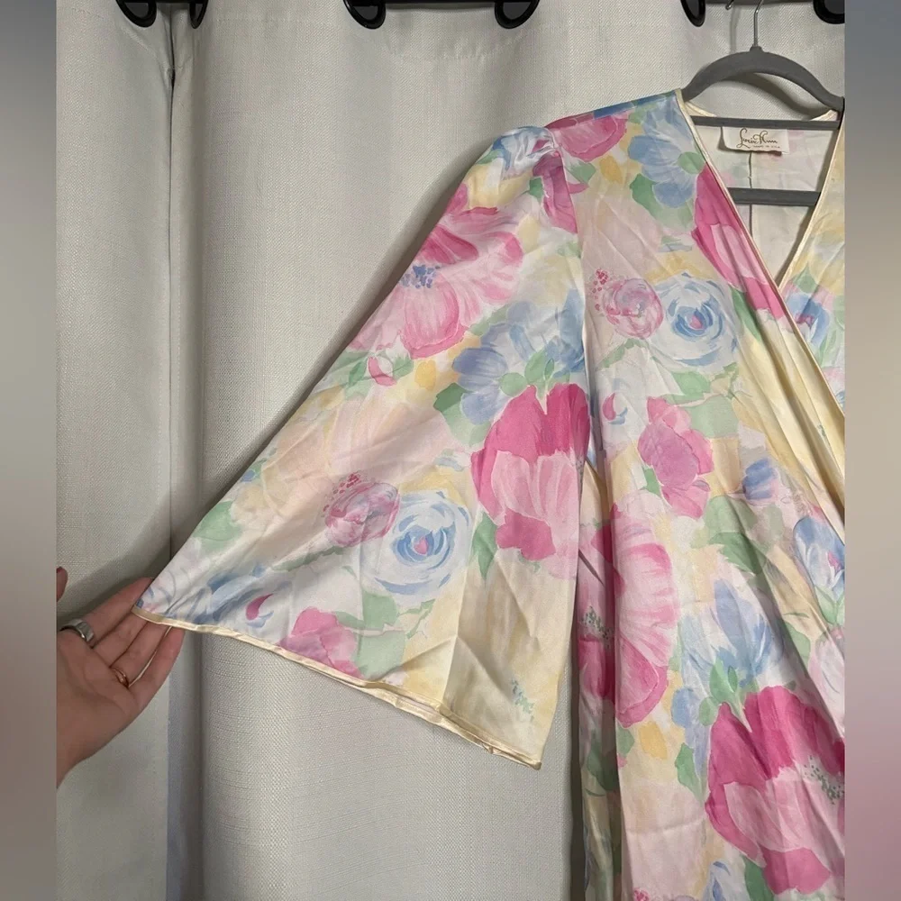 Vintage Lucie Ann Satin Pastel Floral Robe Neglige Medium